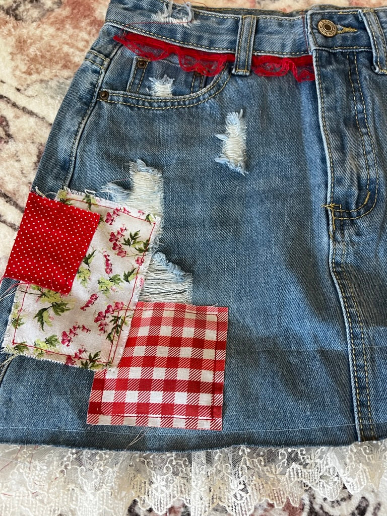 strawberry wine denim skirt