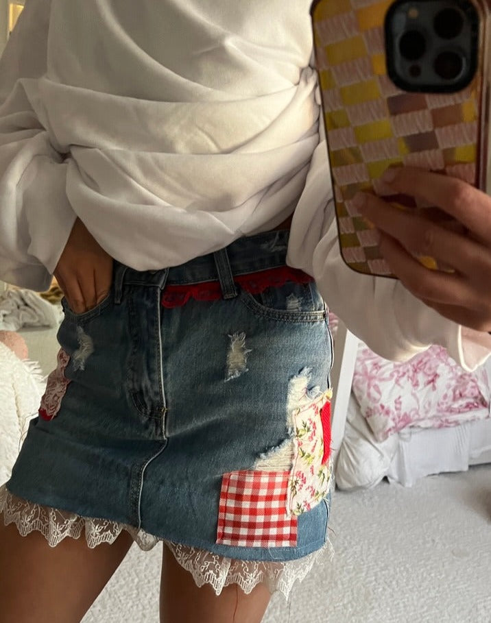 strawberry wine denim skirt